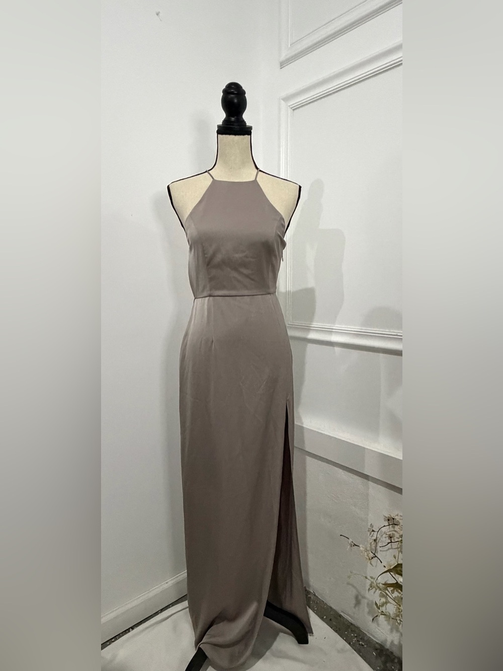 Revolve Lovers + Friends Taupe Halter Maxi Gown with Side Slit